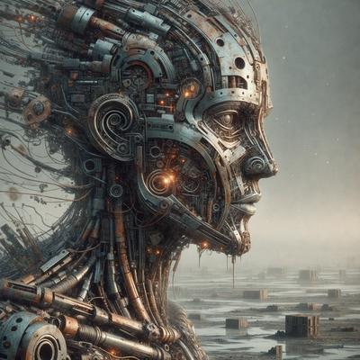 The primary subject of the image is a futuristic robot with a human-like face. The robot has a mechanical and intricate design, featuring a large head with a clock-like structure on its forehead. The setting is a futuristic cityscape, with the robot standing in the middle of the scene. The visual style is a combination of digital art and illustration, creating a striking and imaginative image. The colors and mood of the image are dark and moody, with the robot's mechanical features and the cityscape's architecture contributing to the overall atmosphere.